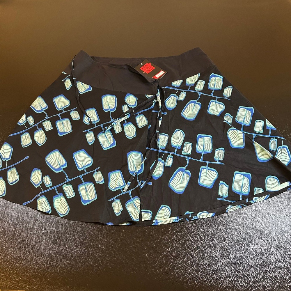 Aller Simplement Skirt Womens Small/Medium Black Blue Leaf Print Tie Wrap Mini